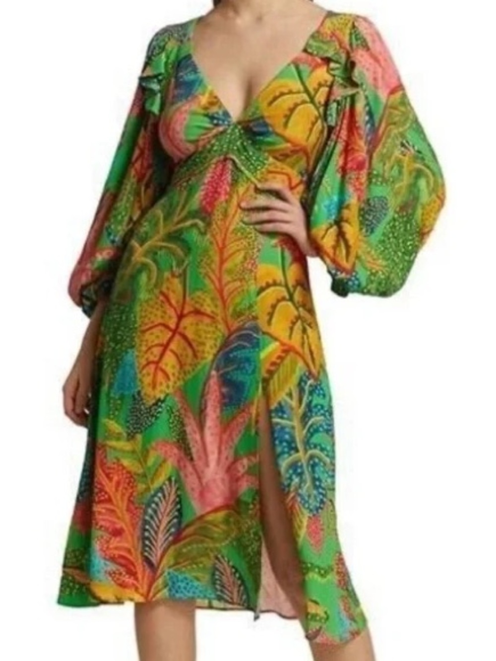 NWT FARM Rio Green Tropical-Print Plunge V-neck Midi Dress - Picture 5 of 11